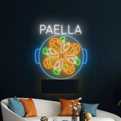 Letrero LED Decorativo de Neón, Diseño de Paella, Iluminación Azul y Naranja. MEDIDAS 60X60 CM ALIMENTADOR 12 V