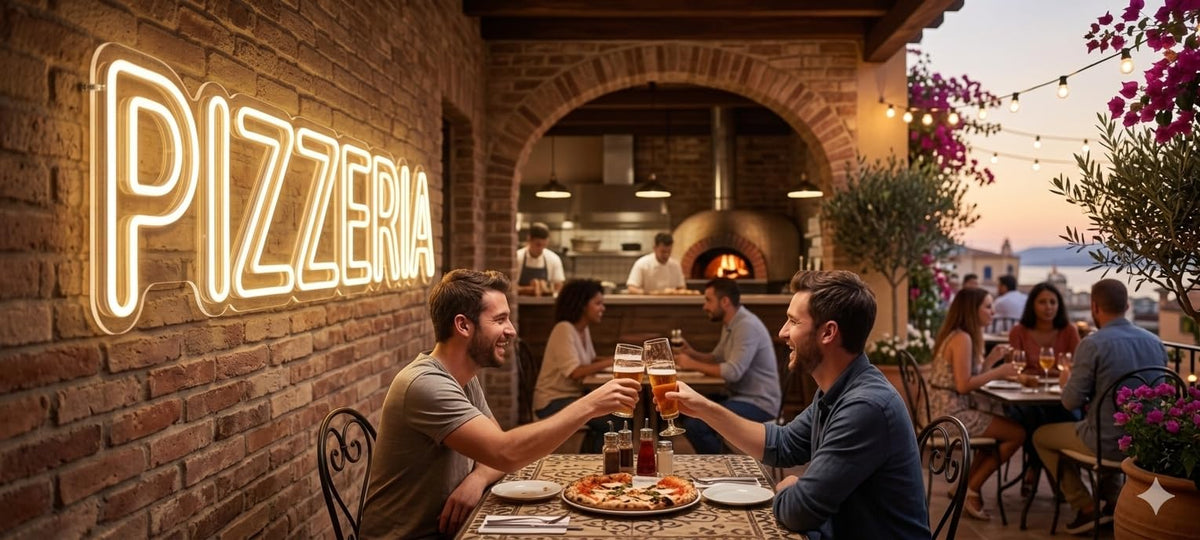 Letrero Neón de texto "PIZZERIA", Luz neón LED, Blanco Cálido, Decoración de Pared con base metacrilato transparente,cadena,cable de 1.5 m y alimentación 12 v medidas 80x25 cm