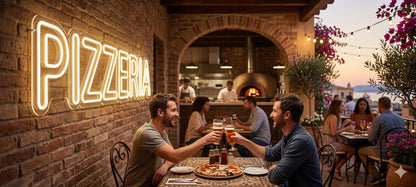 Letrero Neón de texto "PIZZERIA", Luz neón LED, Blanco Cálido, Decoración de Pared con base metacrilato transparente,cadena,cable de 1.5 m y alimentación 12 v medidas 80x25 cm