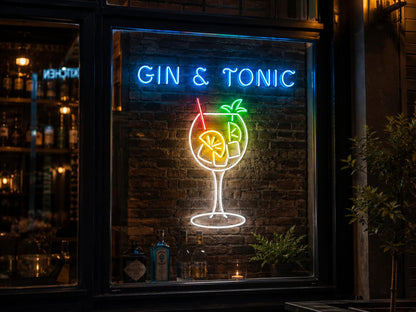 Letrero GIN & TONIC Cartel Luminoso LED Escaparate, Decoración de Pared en Metacrilato, Luz Brillante, aproximadamente 23X60 alimentación 12v