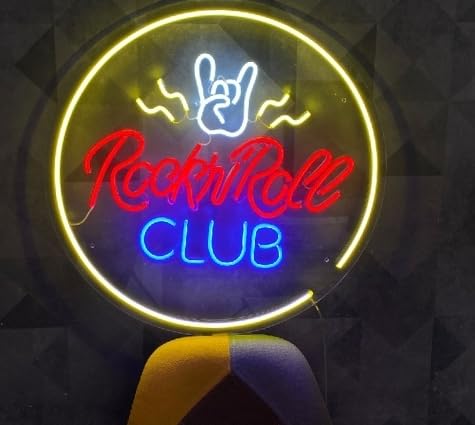 Letrero de Neón LED Rock n Roll Club, Luz Decorativa Circular, Amarillo, Rojo y Azul