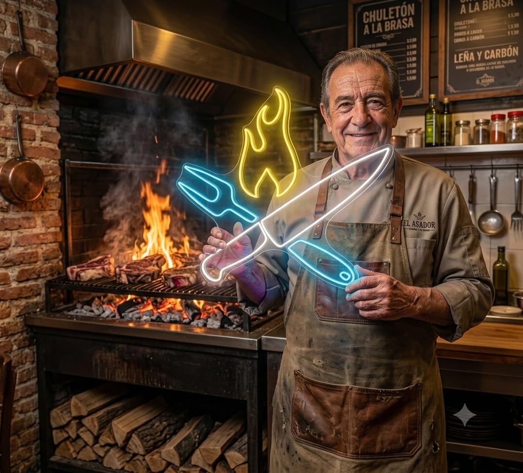 Letrero Neón led metacrilato transparente chchillo tenedor llama cocina al fuego a la brasa baebacoamedidas 50 cm aproximadamente 12v