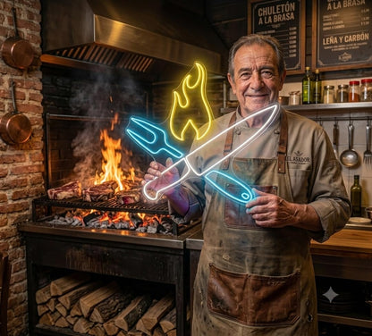 Letrero Neón led metacrilato transparente chchillo tenedor llama cocina al fuego a la brasa baebacoamedidas 50 cm aproximadamente 12v