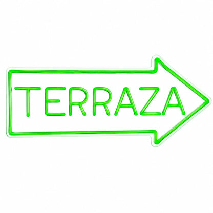 Letrero Neón de Flecha TERRAZA, Luz neón LED, Verde, Decoración de Pared con base metacrilato transparente, cadena, cable de 1.5 m y alimentación 12 v medidas 70x35 cm