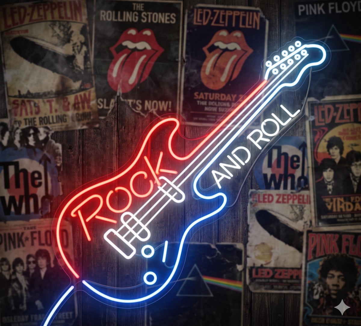 Letrero de Neón LED Decorativo, Guitarra Eléctrica Rock and Roll, Iluminación en Rojo y Azul