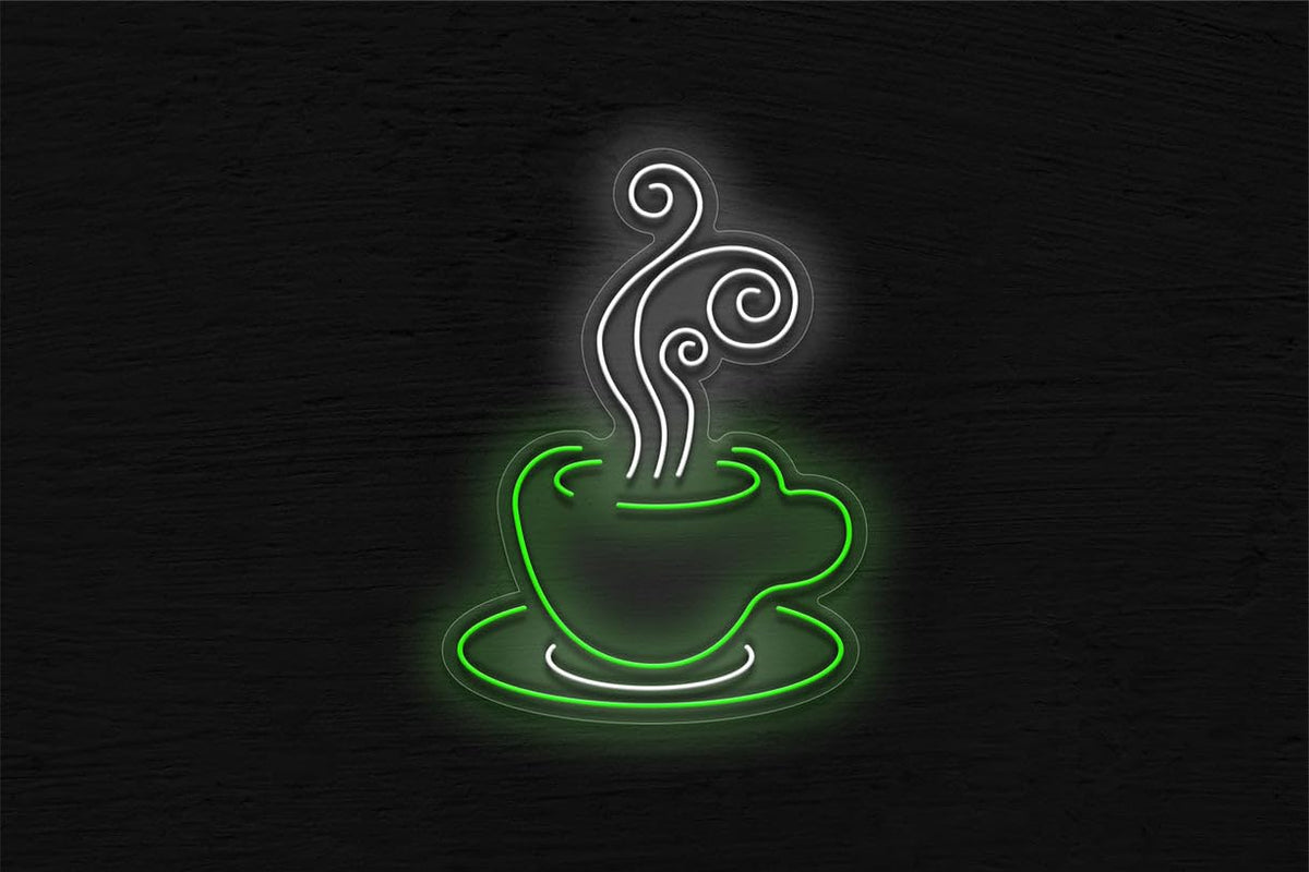 Letrero LED Decorativo de Café, Luz de Neón Verde y Blanco, Diseño de Taza Humeante, Estilo Moderno