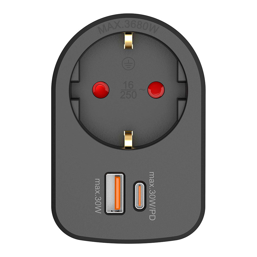 ADAPTADOR COMBI 30 W USB A + C + 1 TOMA SCHUKO, 16 A 250 V~, NEGRO