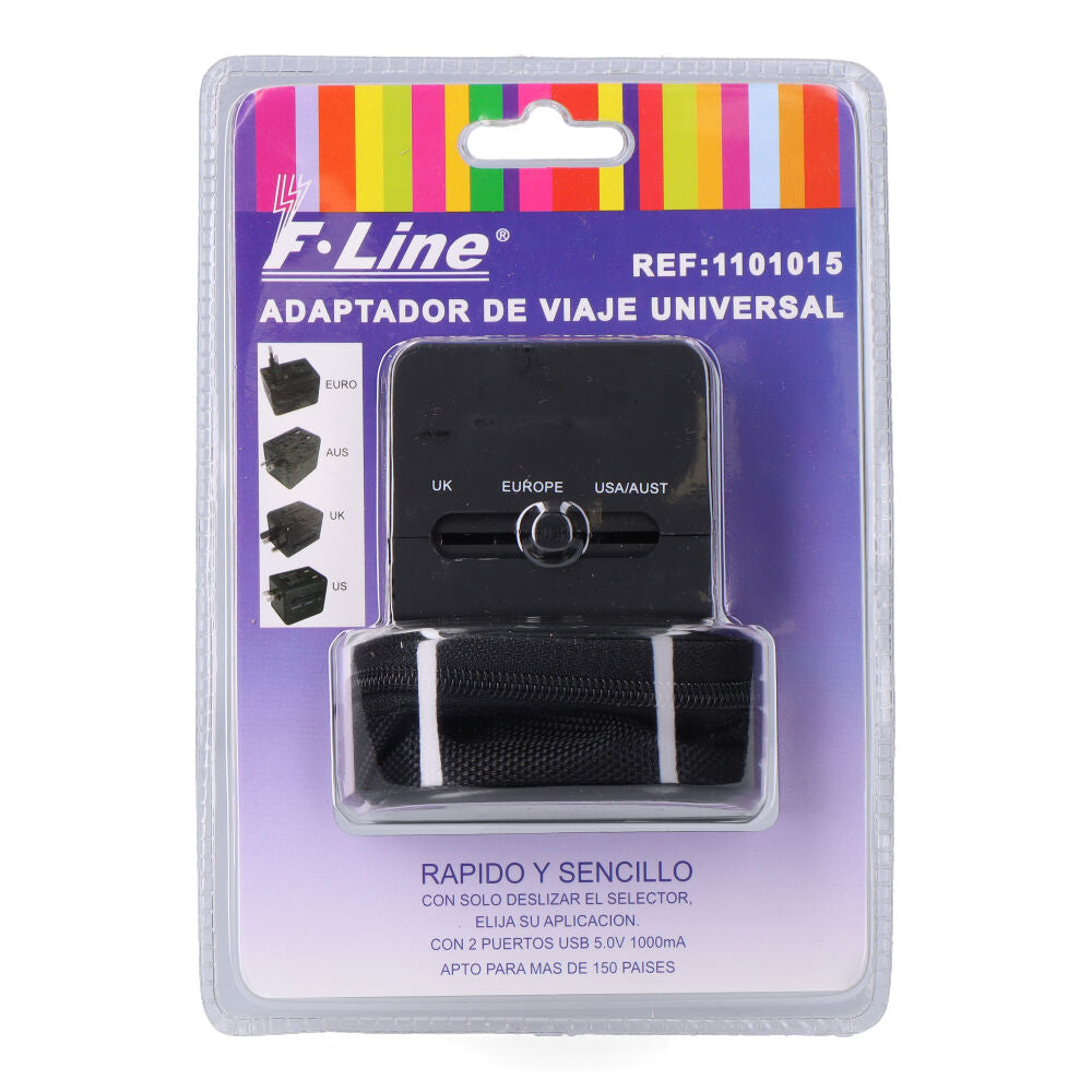 ADAPTADOR DE VIAJE UNIVERSAL 2 USB; 3 CLAVIJAS EU, UK, USA/AUS, NEGRO, 45 x 55 x 60 mm
