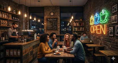 Letrero Neón de OPEN con Tazas de Café, Luz neón LED, Multicolor, Decoración de Pared con base metacrilato transparente, cadena, cable de 1.5 m y alimentación 12 v medidas 60x40 cm