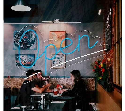 Letrero de Neón LED 'Open', Luz Decorativa para Tienda, Restaurante, Bar, Color Azul, Montaje en Pared