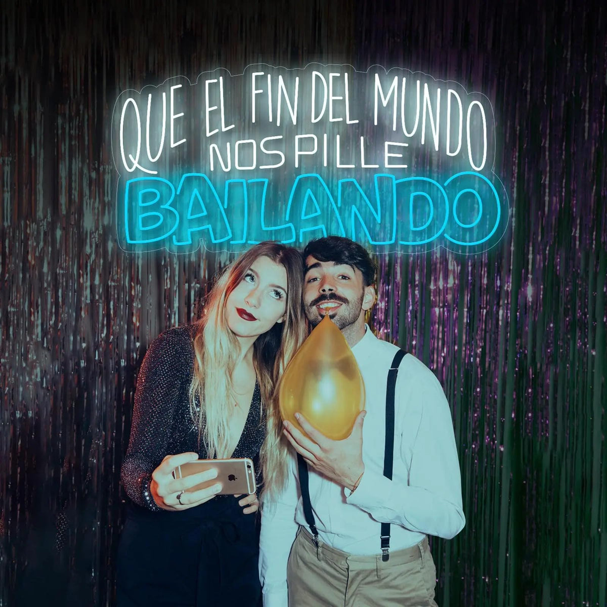 Letrero LED Neón Decorativo, Texto 'Que el Fin del Mundo nos Pille Bailando', 90 cm x 43 cm, Azul y Blanco