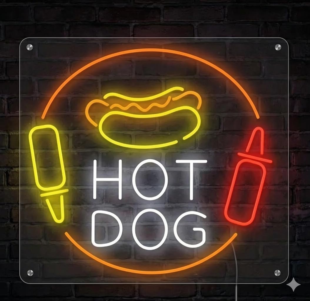 Letrero Neón de Hotdog, Luz neón LED, Decoración de Pared con base metacrilato transparente,cadena,cable de 1.5 m y alimentación de alto aprox 70 cm y alimentación 12 v