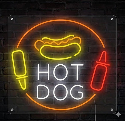 Letrero Neón de Hotdog, Luz neón LED, Decoración de Pared con base metacrilato transparente,cadena,cable de 1.5 m y alimentación de alto aprox 70 cm y alimentación 12 v