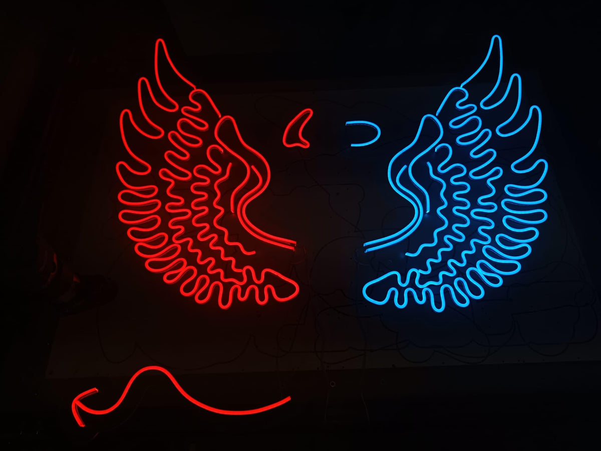 Letrero LED de Neón con Alas de Ángel y Demonio, Luz Decorativa de Pared, Rojo y Azul, para Dormitorio, Bar, Fiestas medidas 110 x60cm -12 v