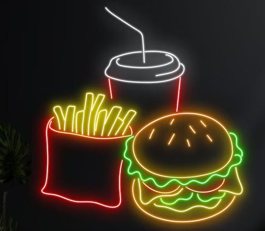 Letrero de Neón LED para Pared, Diseño de Hamburguesa, Papas Fritas y Bebida, Decoración para Restaurante