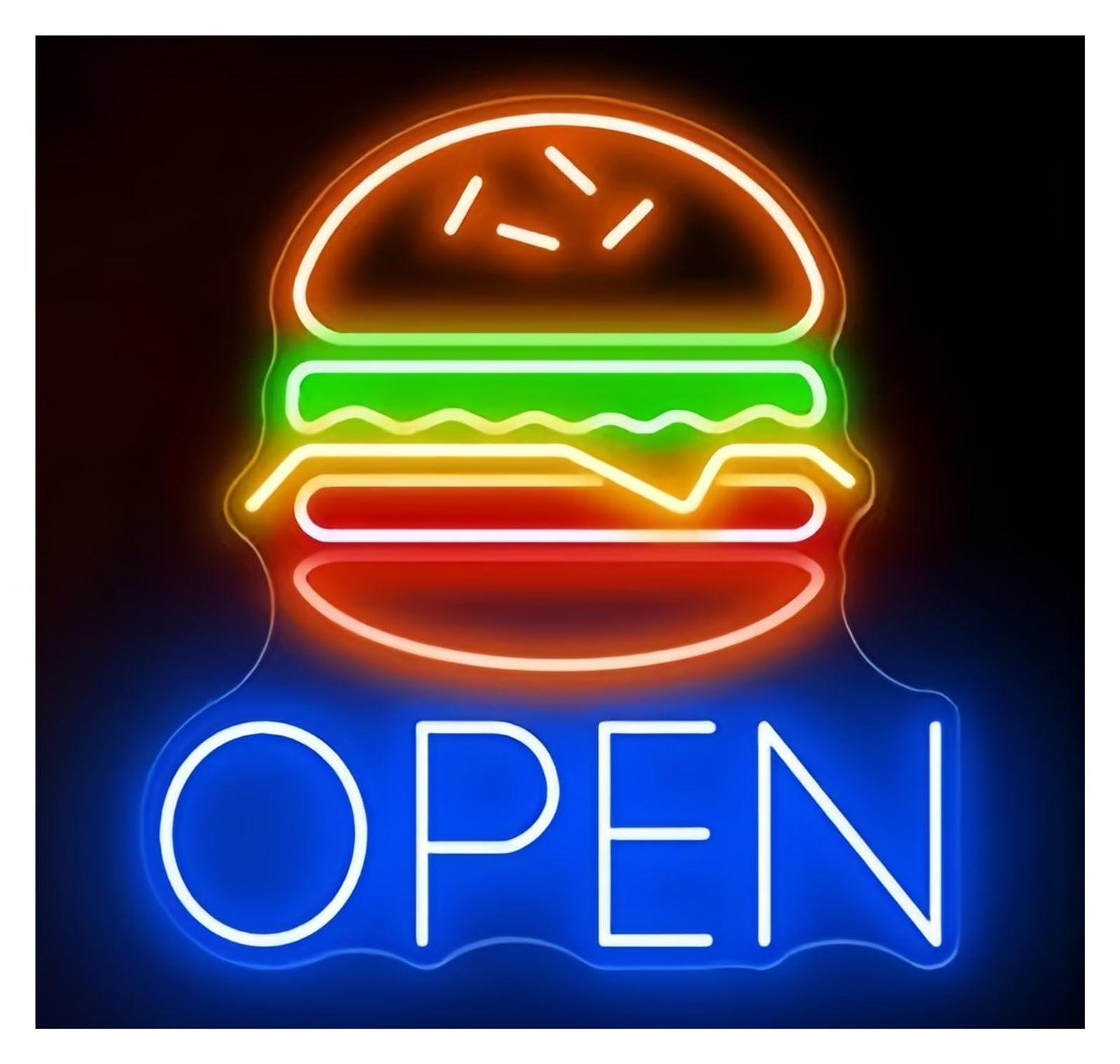 MENGE Lámpara de señalización Letrero De Neón De Hamburguesa Abierta, Decoración De Pared Para Restaurante, Tienda De Comida Rápida 50X53cm