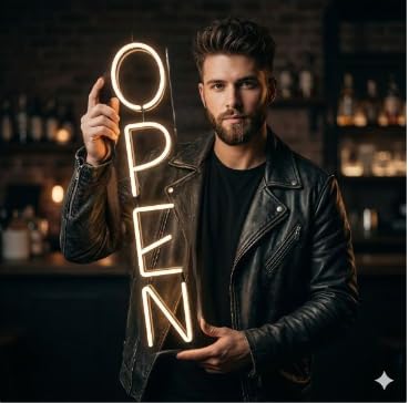 Letrero Neón de OPEN Vertical, Luz neón LED, Blanco Cálido, Decoración de Pared con base metacrilato transparente, cadena, cable de 1.5 m y alimentación 12 v medidas 25x75 cm