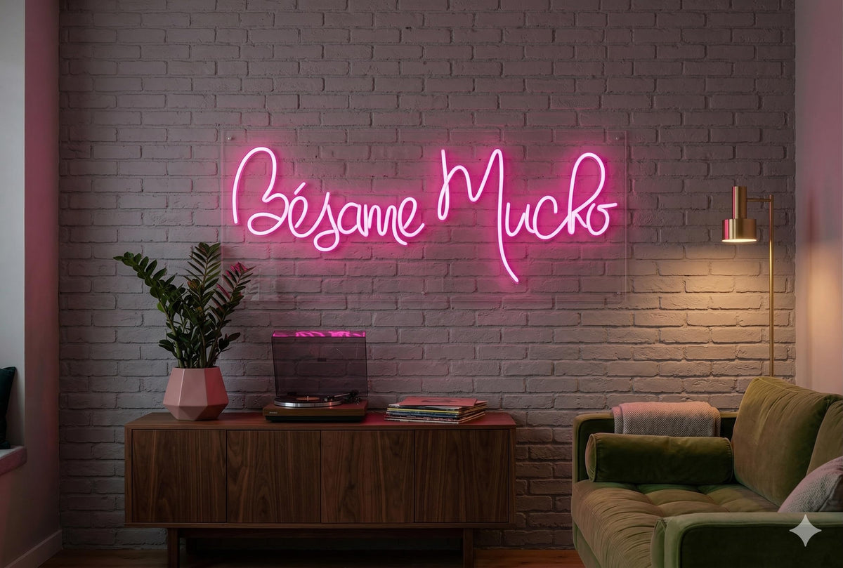 Letrero LED de Neón con Frase "Besame Mucho" con Luz Rosa, Luz Decorativa 80l x 35an. centímetros, alimentador 12V, Luz Neon Para bodas y ceremonias.