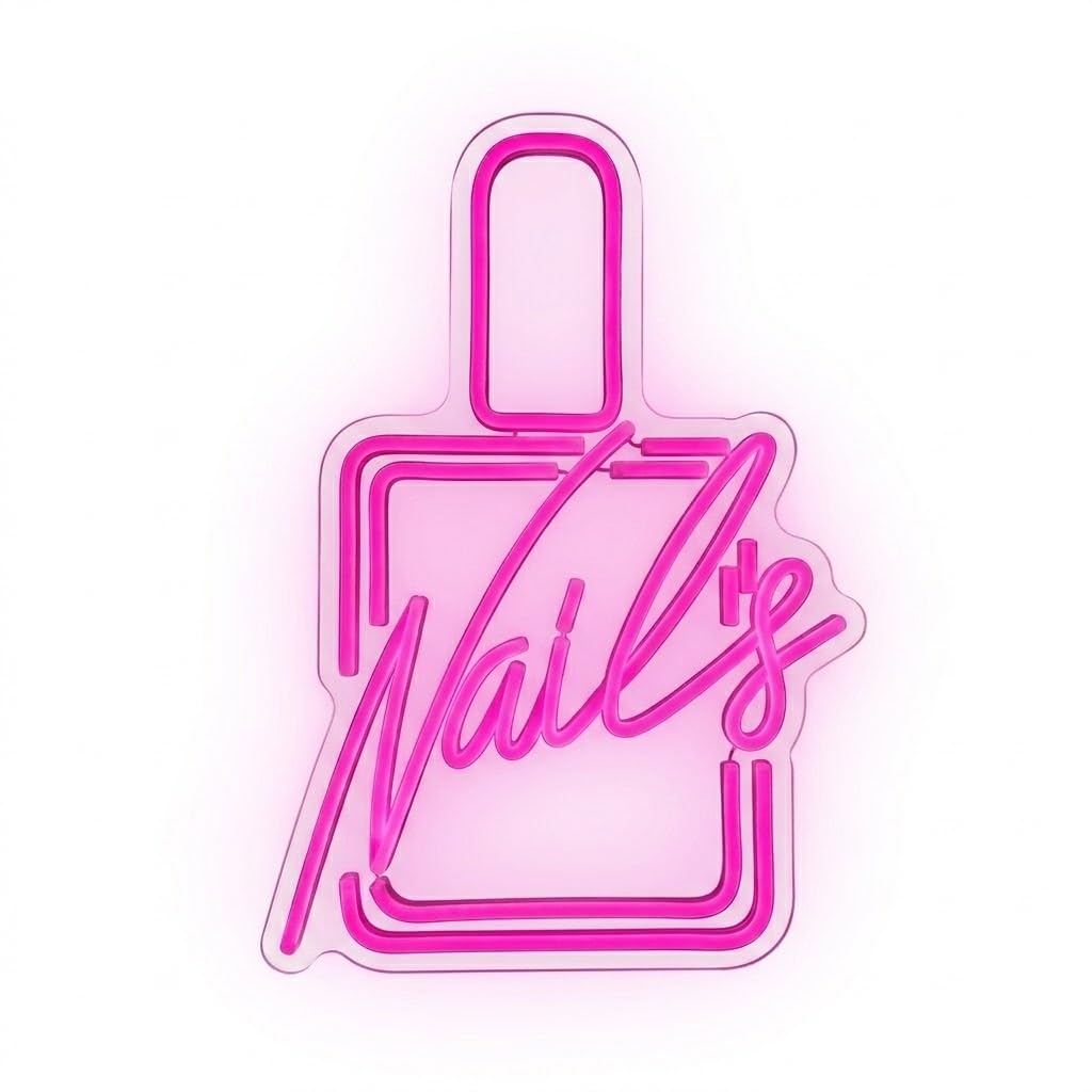 Letrero Neón de Esmalte de Uñas Nail's, Luz neón LED, Rosa, Decoración de Pared con base metacrilato transparente, cadena, cable de 1.5 m y alimentación 12 v medidas 40x55 cm