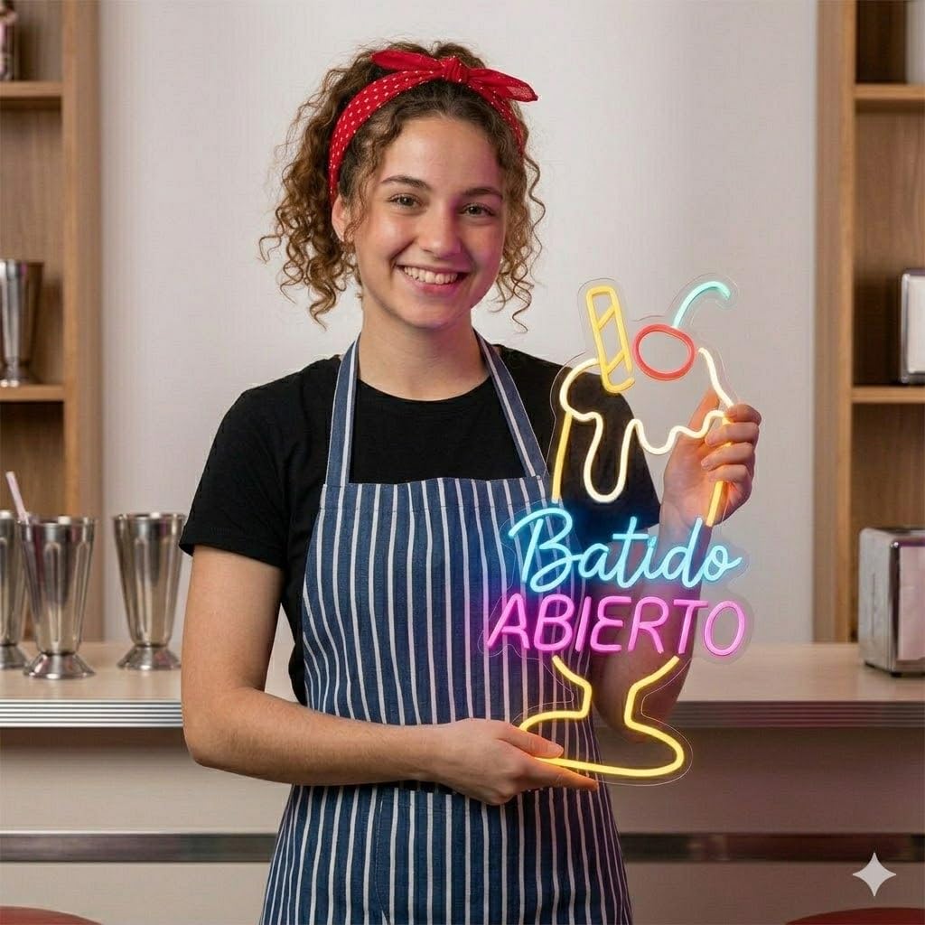 Letrero Neón de Batido Abierto, Luz neón LED, Multicolor, Decoración de Pared con base metacrilato transparente, cadena, cable de 1.5 m y alimentación 12 v medidas 45x75 cm