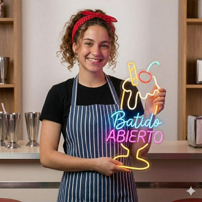 Letrero Neón de Batido Abierto, Luz neón LED, Multicolor, Decoración de Pared con base metacrilato transparente, cadena, cable de 1.5 m y alimentación 12 v medidas 45x75 cm