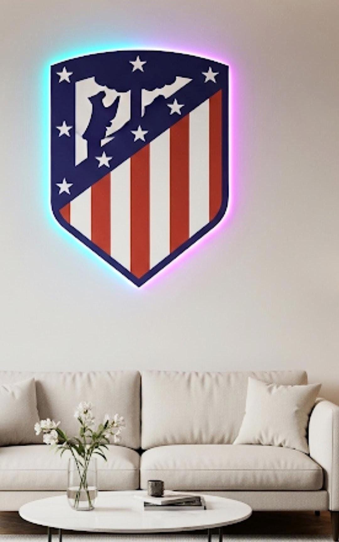 cartel escudo de neón led flex metacrilato y vinilo del Atlántico de Madrid de la liga de fútbol,regalo, para pared de un bar