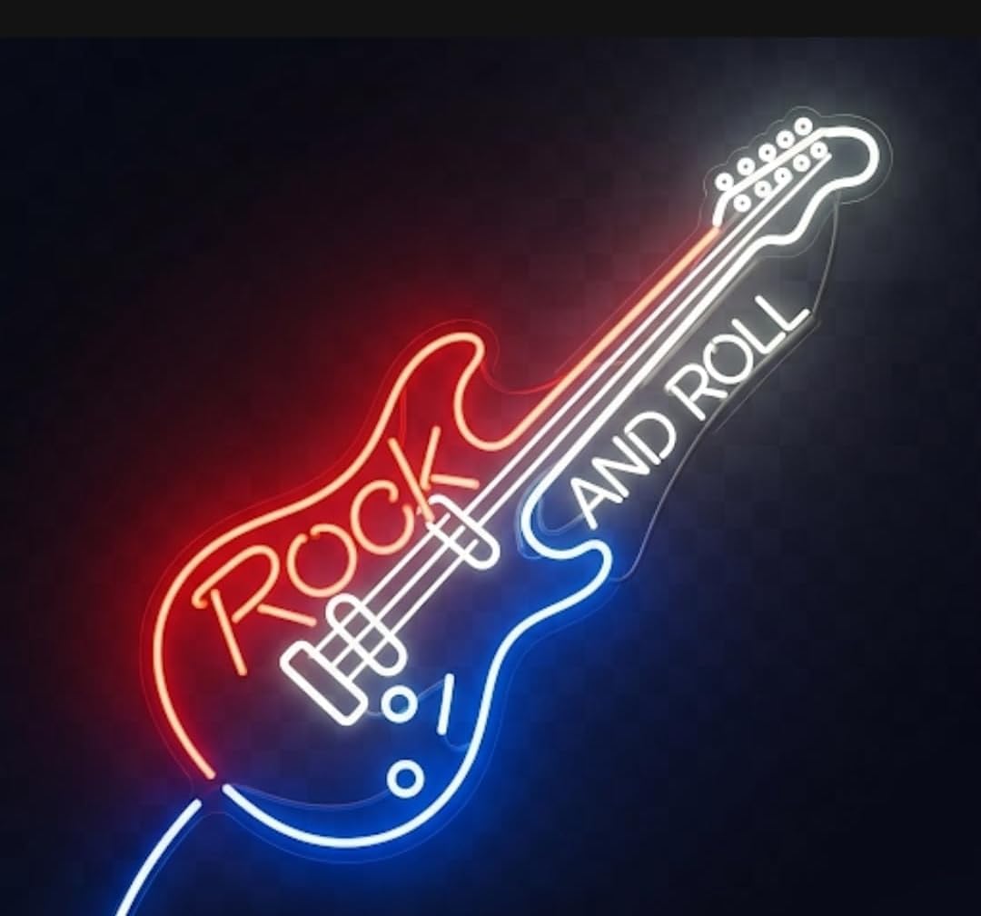 Letrero de Neón LED Decorativo, Guitarra Eléctrica Rock and Roll, Iluminación en Rojo y Azul
