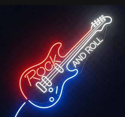 Letrero de Neón LED Decorativo, Guitarra Eléctrica Rock and Roll, Iluminación en Rojo y Azul