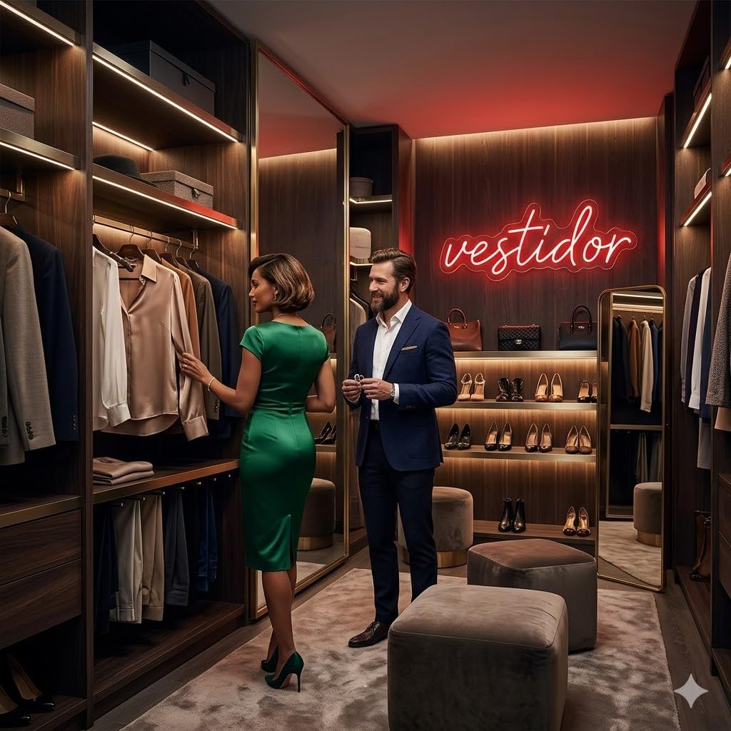 Letrero Neón de Vestidor, Luz neón LED, Rojo, Decoración de Pared con base metacrilato transparente, cadena, cable de 1.5 m y alimentación 12 v medidas 75x25 cm