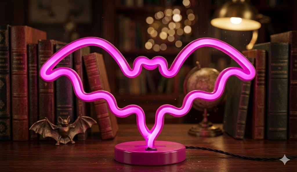 Letrero Neón de Murciélago, Luz neón LED, Color Rosa, Decoración de Pared con base metacrilato transparente, cadena, cable de 1.5 m y alimentación 12 v medidas 35x18 cm