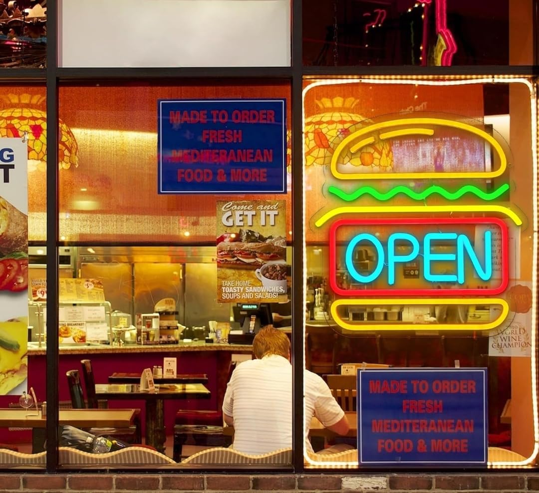 Letrero Luminoso de Neón Hamburguesa con OPEN, 31,5 x 32,7 cm, Multicolor