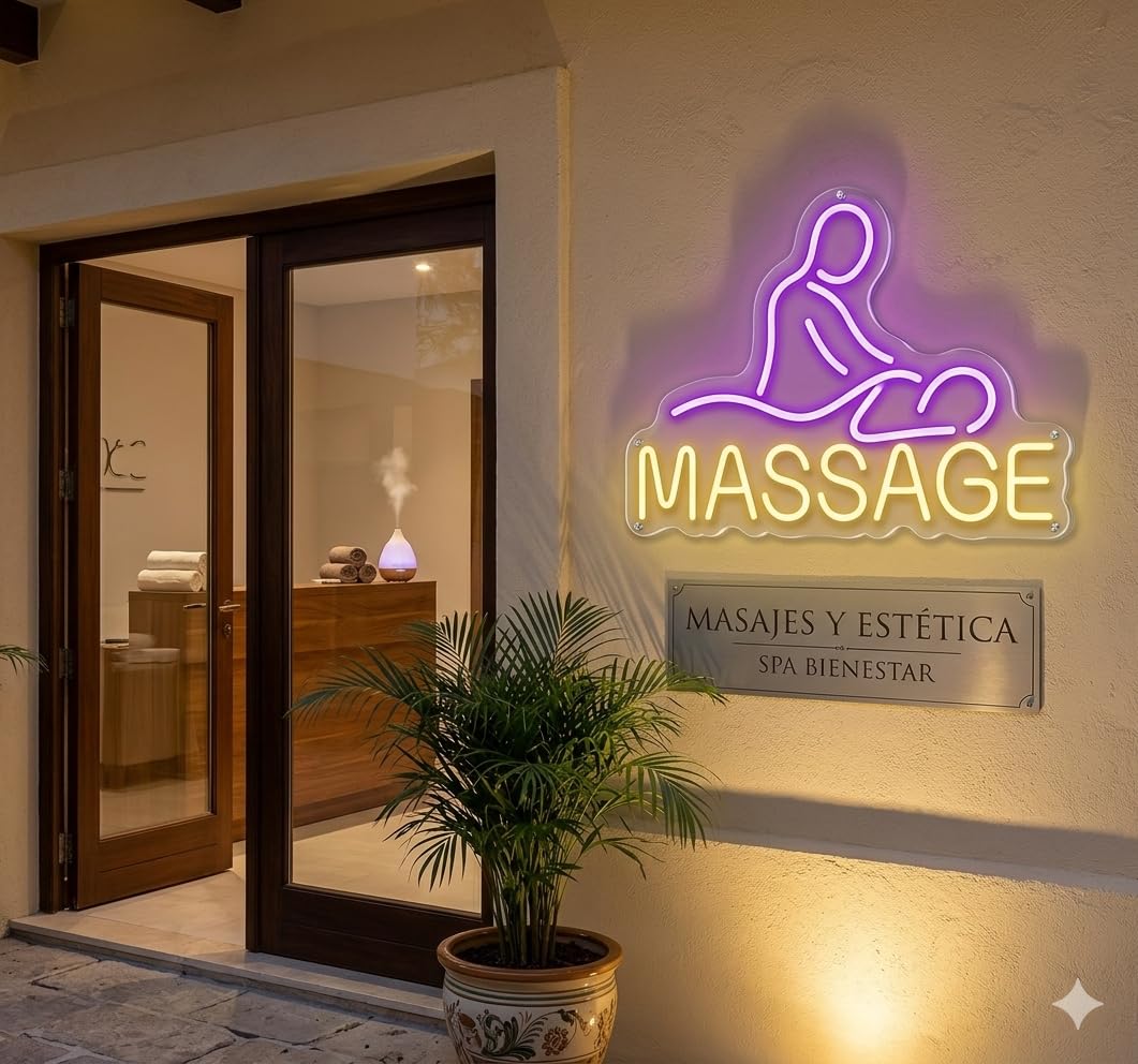 soloLED Letrero masage spa Cartel Luminoso LED Escaparate, Decoración de Pared en Metacrilato, Luz Brillante, aproximadamente 60cm alimentación 12v