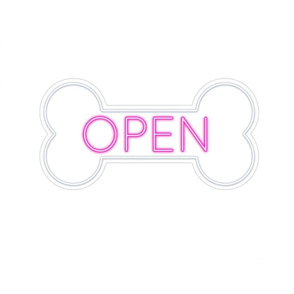 Letrero Neón de hueso con OPEN, Luz neón LED, Verde, Decoración de Pared con base metacrilato transparente, cadena, cable de 1.5 m y alimentación 12 v medidas 70x35 cm
