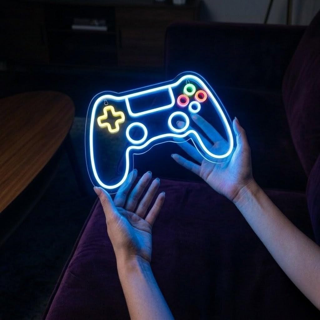 Letrero Neón mando joystick, Luz Neón LED, Bicolor (Rojo y Verde), Decoración de Pared con Base Metacrilato Transparente, Cadena, Cable de 1.5 m y Alimentación 12 v, Medidas Aproximadamente 45x35 cm