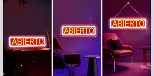 Letrero LED Neón 'ABIERTO', Cartel Luminoso para Negocio, Señal de Tienda con Cadena, Rojo y Amarillo