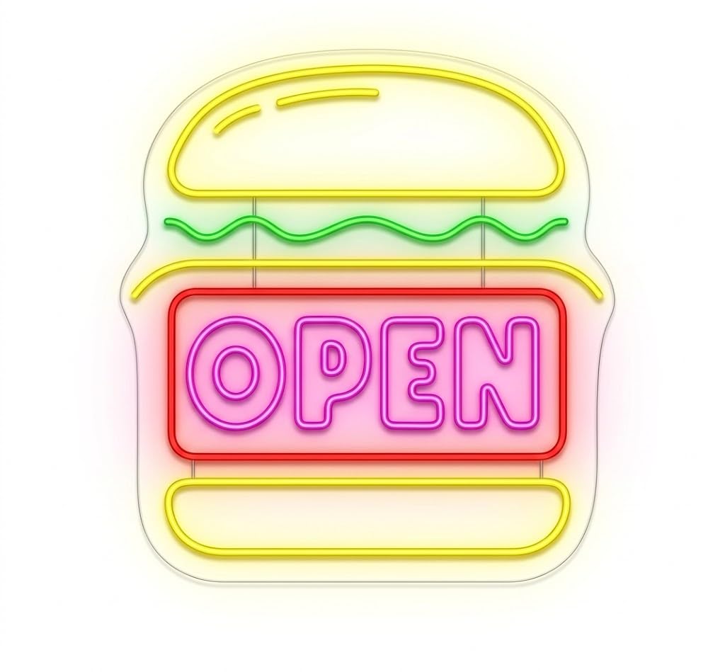 Letrero Neón de Hamburguesa OPEN, Luz neón LED, Multicolor, Decoración de Pared con base metacrilato transparente, cadena, cable de 1.5 m y alimentación 12 v medidas 45x45 cm