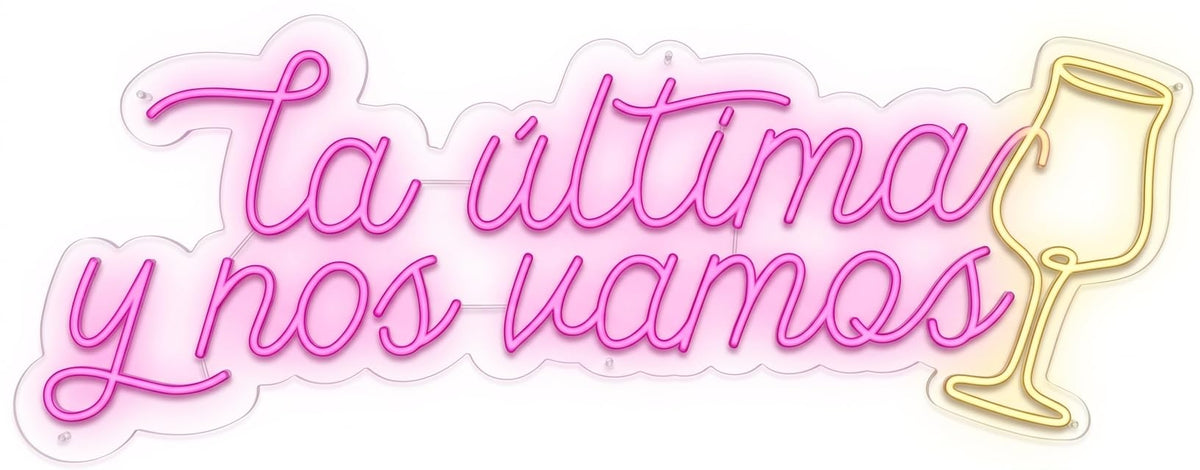 Letrero Neón de Frase "La última y nos vamos" con Copa, Luz neón LED, Rosa y Amarillo, Decoración de Pared con base metacrilato transparente,cadena,cable de 1.5 m y alimentación 12 v medidas 90x40 cm