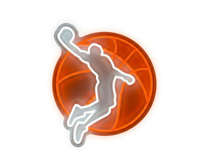 Letrero Neón de Jugador de Baloncesto con Balón, Luz neón LED, Blanco y Naranja, Decoración de Pared con base metacrilato transparente, cadena, cable de 1.5 m y alimentación 12 v medidas 60x65 cm