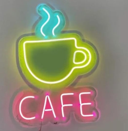 Letrero LED Neón Café, Luz Amarilla y Rosa, 3 Tamaños Disponibles - S (47x100cm), Decoración para Bar