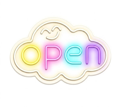 Letrero Neón de Nube Sonriente OPEN, Luz neón LED, Multicolor, Decoración de Pared con base metacrilato transparente, cadena, cable de 1.5 m y alimentación 12 v medidas 55x35 cm