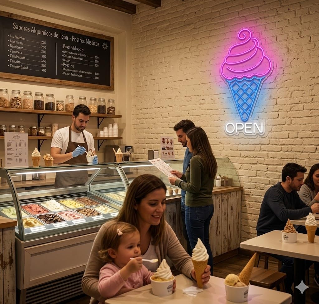 Letrero Neón de Helado OPEN, Luz neón LED, Rosa, Azul y Blanco, Decoración de Pared con base metacrilato transparente, cadena, cable de 1.5 m y alimentación 12 v medidas 35x65 cm