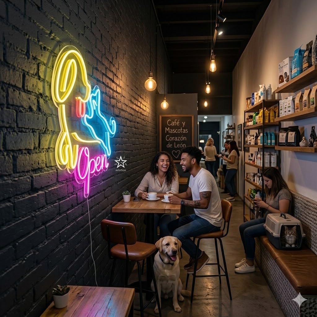 Letrero Neón de Perro y Gato Open, Luz neón LED, Multicolor, Decoración de Pared con base metacrilato transparente, cadena, cable de 1.5 m y alimentación 12 v medidas 55x55 cm