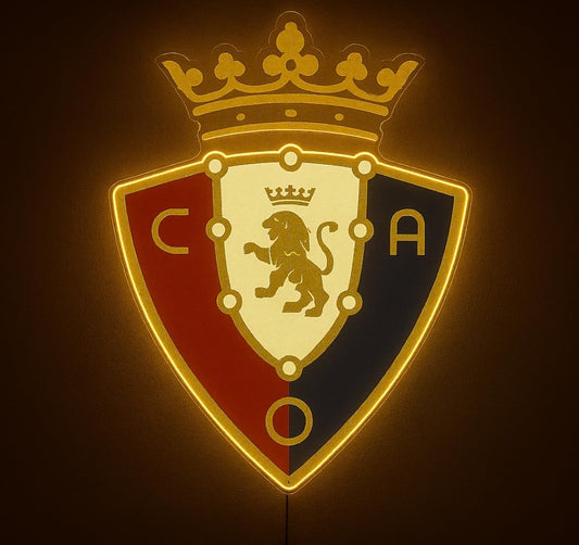 Escudo de futbol liga 1º division del Club OSASUNA Diseño con medidas metacrilato 40x35cm aproximadamente dependiendo el diseño del escudo con neon led,metacrilato y vinilo color.Alimentacion 12v,cable 2m y cadena para colgar en pared incluido.