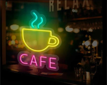 Letrero LED Neón Café, Luz Amarilla y Rosa, 3 Tamaños Disponibles - S (47x100cm), Decoración para Bar