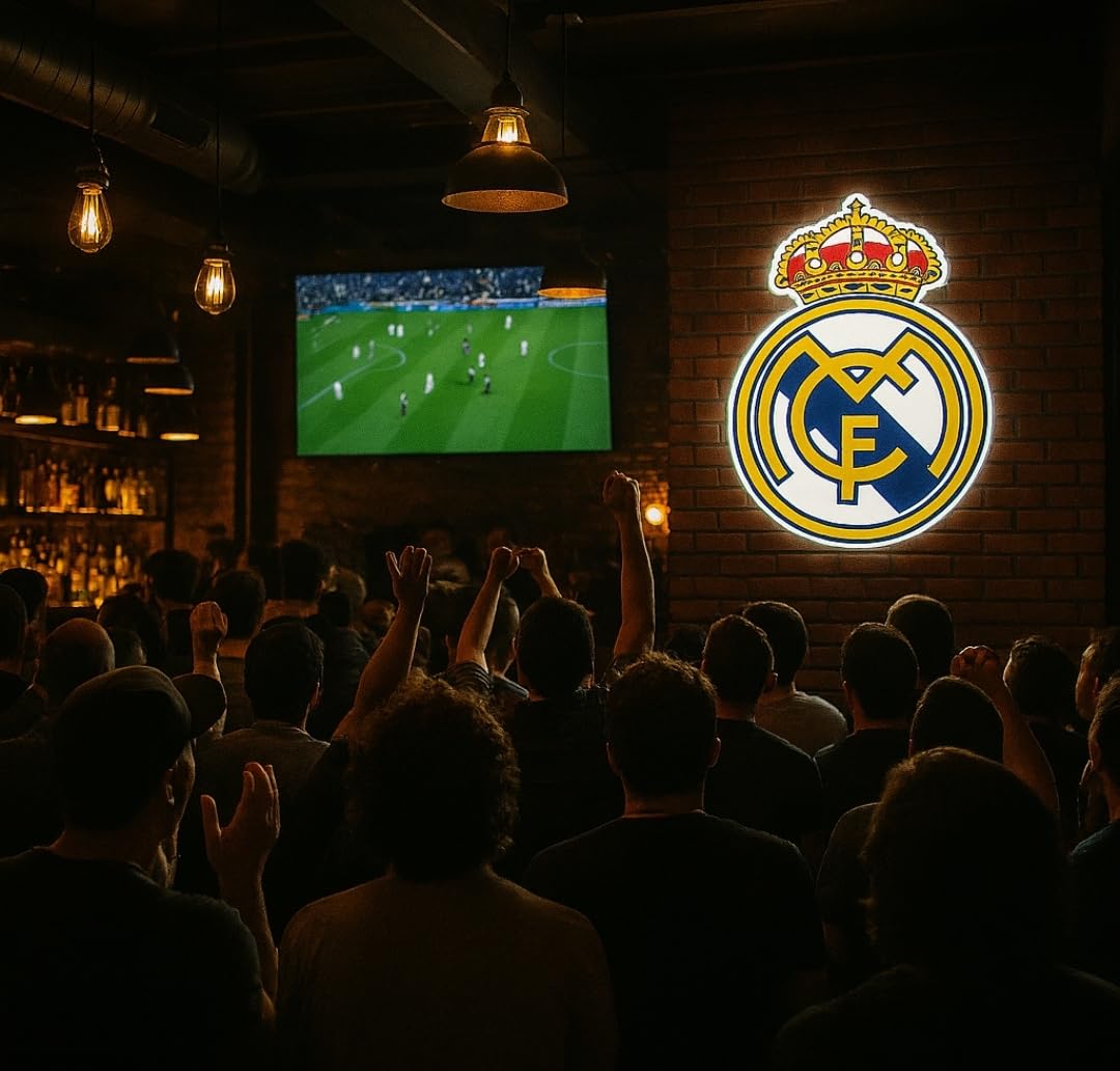 Escudo de futbol liga 1º division REAL MADRID, Diseño con medidas metacrilato 40x35cm aproximadamente dependiendo el diseño del escudo con neon led,metacrilato y vinilo color.Alimentacion 12v,cable 2m y cadena para colgar en pared incluido.