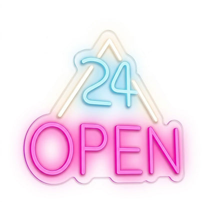 Letrero Neón de 24 OPEN con Triángulo, Luz neón LED, Rosa, Azul y Blanco, Decoración de Pared con base metacrilato transparente, cadena, cable de 1.5 m y alimentación 12 v medidas 45x55 cm