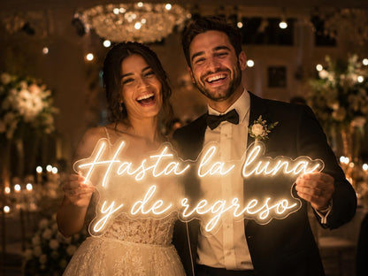 Letrero LED de Neón con Frase Hasta la Luna y de regreso Luz Decorativa 80l x 35an. centímetros, alimentador 12V, Luz Neon Para bodas y ceremonias.
