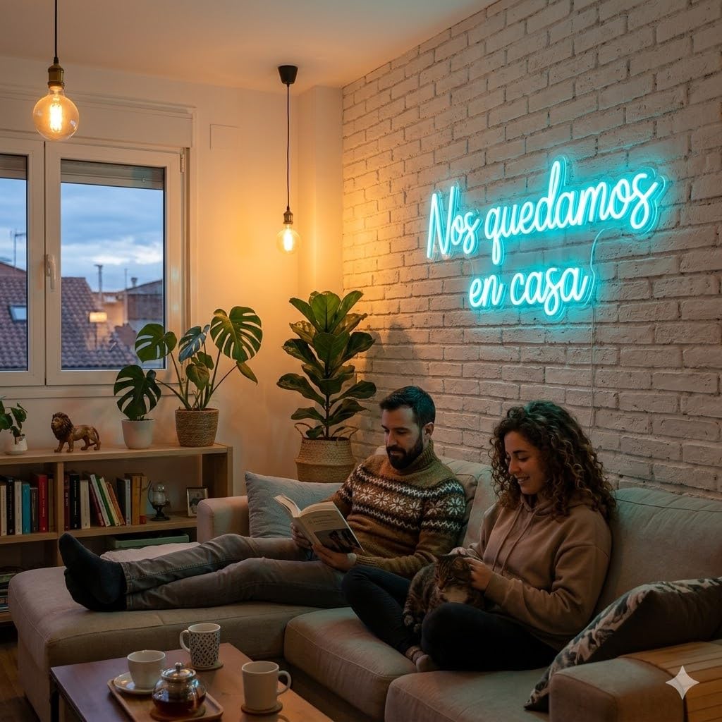 Letrero Neón de Nos Quedamos en Casa, Luz neón LED, Azul Claro, Decoración de Pared con base metacrilato transparente, cadena, cable de 1.5 m y alimentación 12 v medidas 80x40 cm