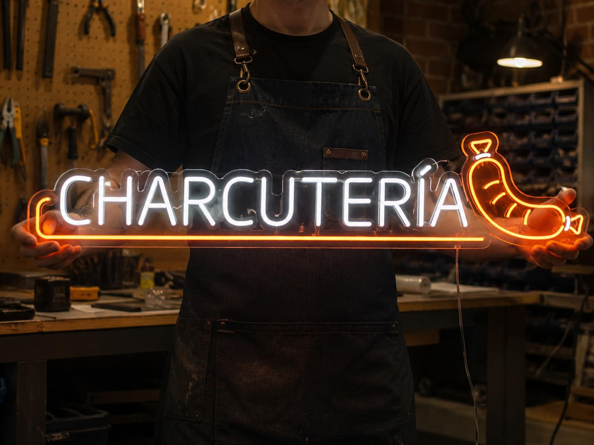 Letras de Neón Led CHARCUTERÍA, Fabricadas en Metacrilato, Para Negocio, Tienda o Comercio medidas 70cm alimentacion 12v