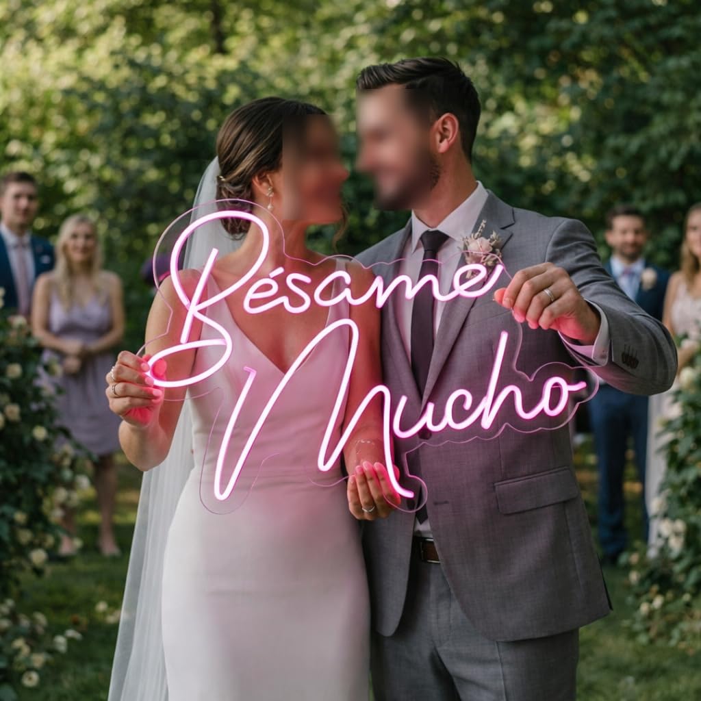Letrero de Neón LED 'besame mucho, Cartel Luminoso Decorativo con Corazón, Rosa 70 cm aproximadamente ALIMENTADOR 12 V